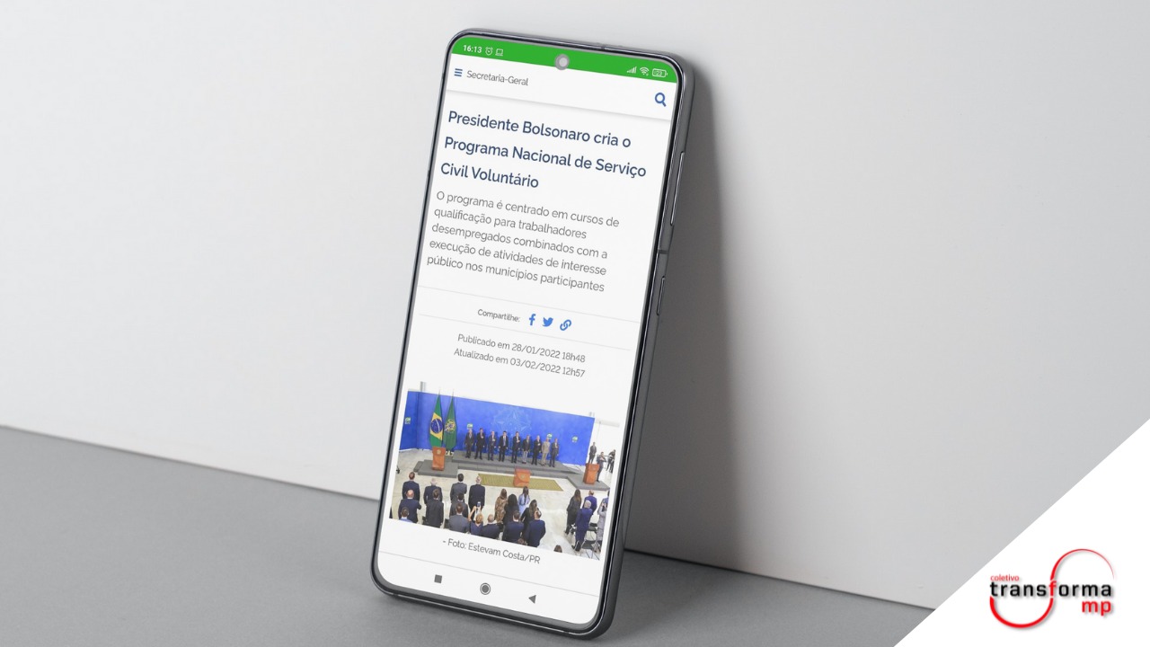 Transforma MP repudia Programa Nacional de Prestação de Serviço Civil Voluntário e ao prêmio Portas Abertas (MP nº 1.099/2022)